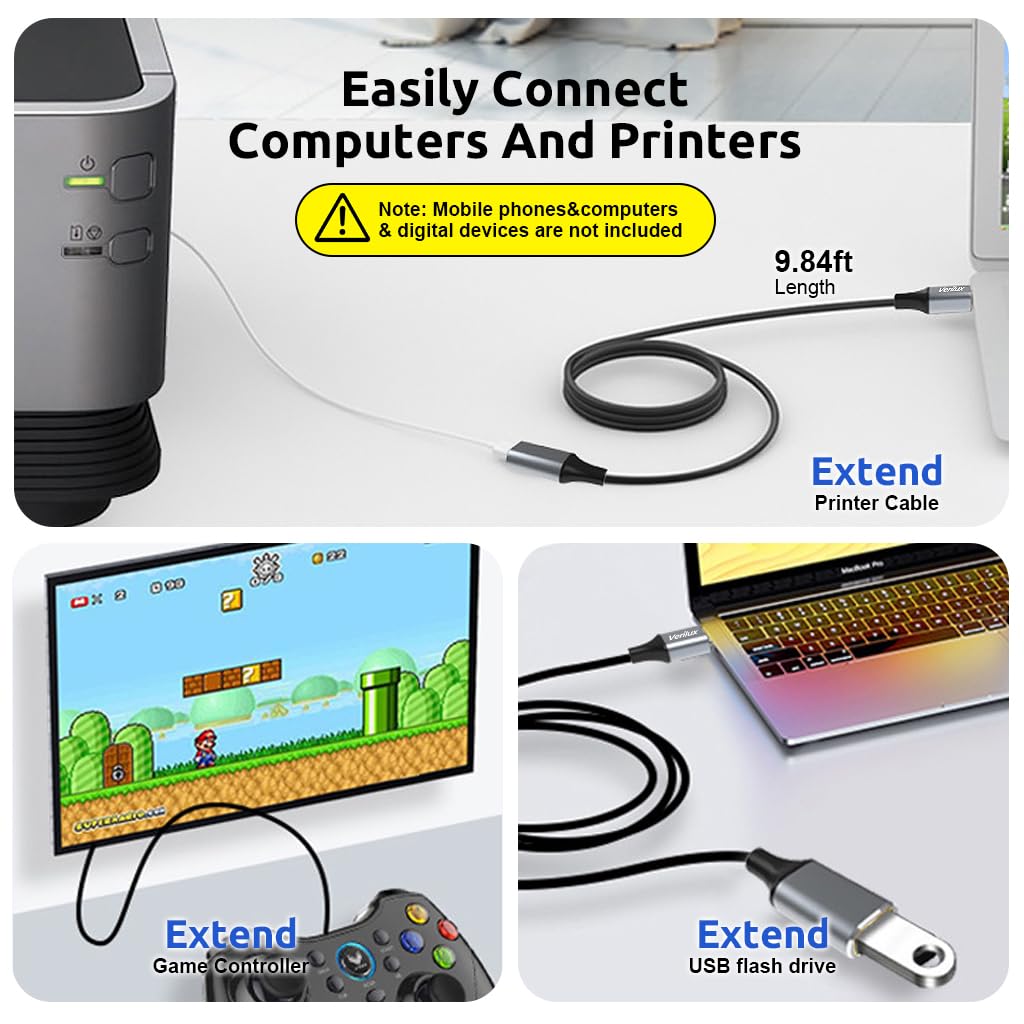 Verilux USB Extension Cable, 10Ft USB to USB Cable, USB Male to Female extension Cable, USB 3.0 Cable Data Transfer USB Connector for Webcam, Gamepad, USB Keyboard, Flash Drive, Hard Drive, Printer Verilux USB Extension Cable, 10Ft USB to USB Cable, USB Male to Female extension Cable, USB 3.0 Cable Data Transfer USB Connector for Webcam, Gamepad, USB Keyboard, Flash Drive, Hard Drive, Printer